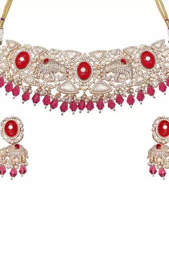 Red kundan polki elephant motif choker set