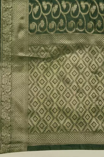 Bottle Green Organza Faux Kanjeevaram Woven Saree Without Blouse