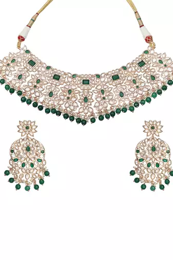 Green kundan polki choker & mala set
