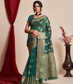 Rama Organza Faux Kanjeevaram Woven Saree Without Blouse