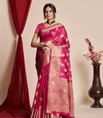 Kimisha women's rani organza kanjeevaram woven saree with unstitched blouse piece