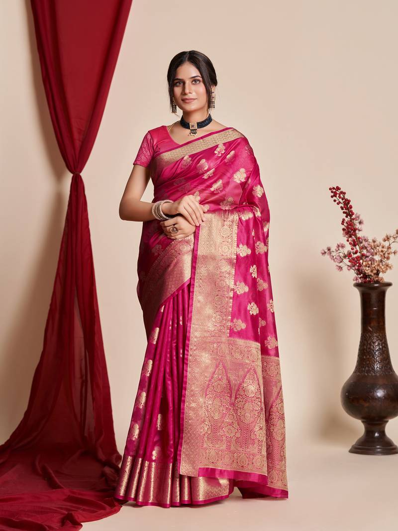 Kimisha women's rani organza kanjeevaram woven saree with unstitched blouse piece