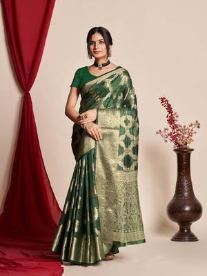 Kimisha Women'S Bottle Green Organza Faux Kanjeevaram Woven Saree Without Blouse 1