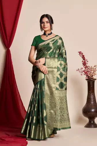 Kimisha Women'S Bottle Green Organza Faux Kanjeevaram Woven Saree Without Blouse