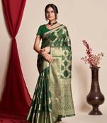Kimisha Women'S Bottle Green Organza Faux Kanjeevaram Woven Saree Without Blouse