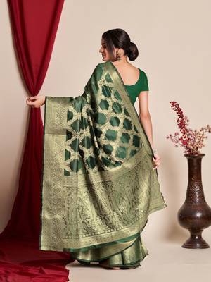 Kimisha Women'S Bottle Green Organza Faux Kanjeevaram Woven Saree Without Blouse 2