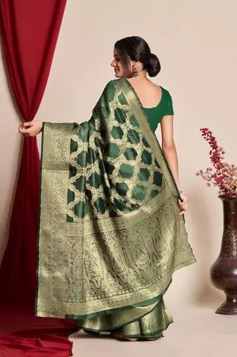 Kimisha Women'S Bottle Green Organza Faux Kanjeevaram Woven Saree Without Blouse