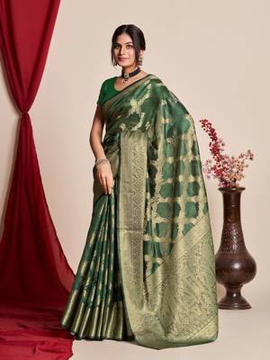 Kimisha Women'S Bottle Green Organza Faux Kanjeevaram Woven Saree Without Blouse 3