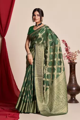Kimisha Women'S Bottle Green Organza Faux Kanjeevaram Woven Saree Without Blouse