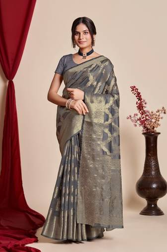 Grey Organza Faux Kanjeevaram Woven Saree Without Blouse