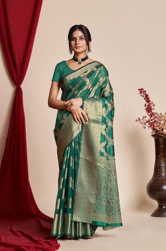 Rama Organza Faux Kanjeevaram Woven Saree Without Blouse