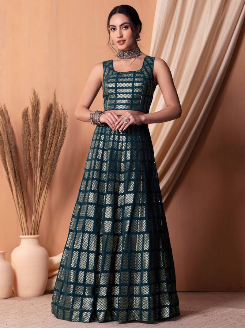 Memorable Teal Blue Embroidered Georgette Wedding Lehenga Choli