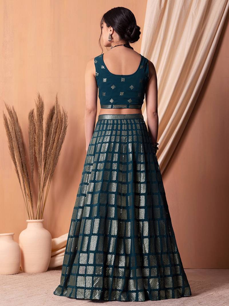 Memorable Teal Blue Embroidered Georgette Wedding Lehenga Choli