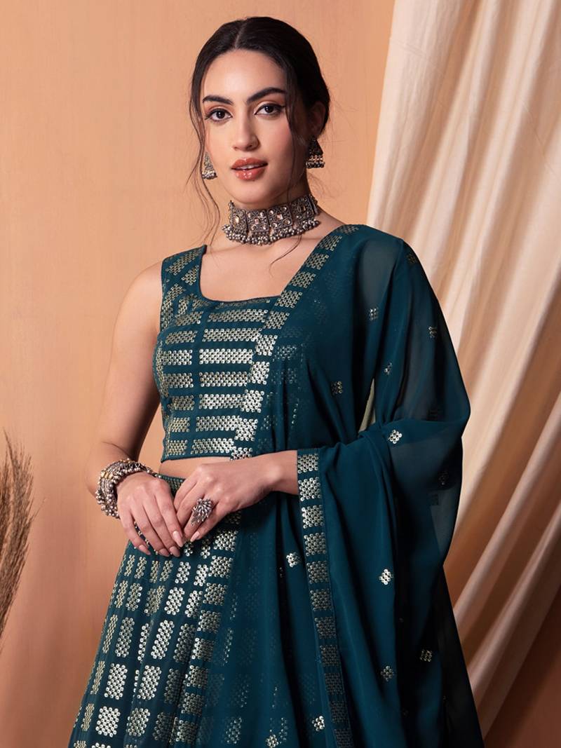 Memorable Teal Blue Embroidered Georgette Wedding Lehenga Choli