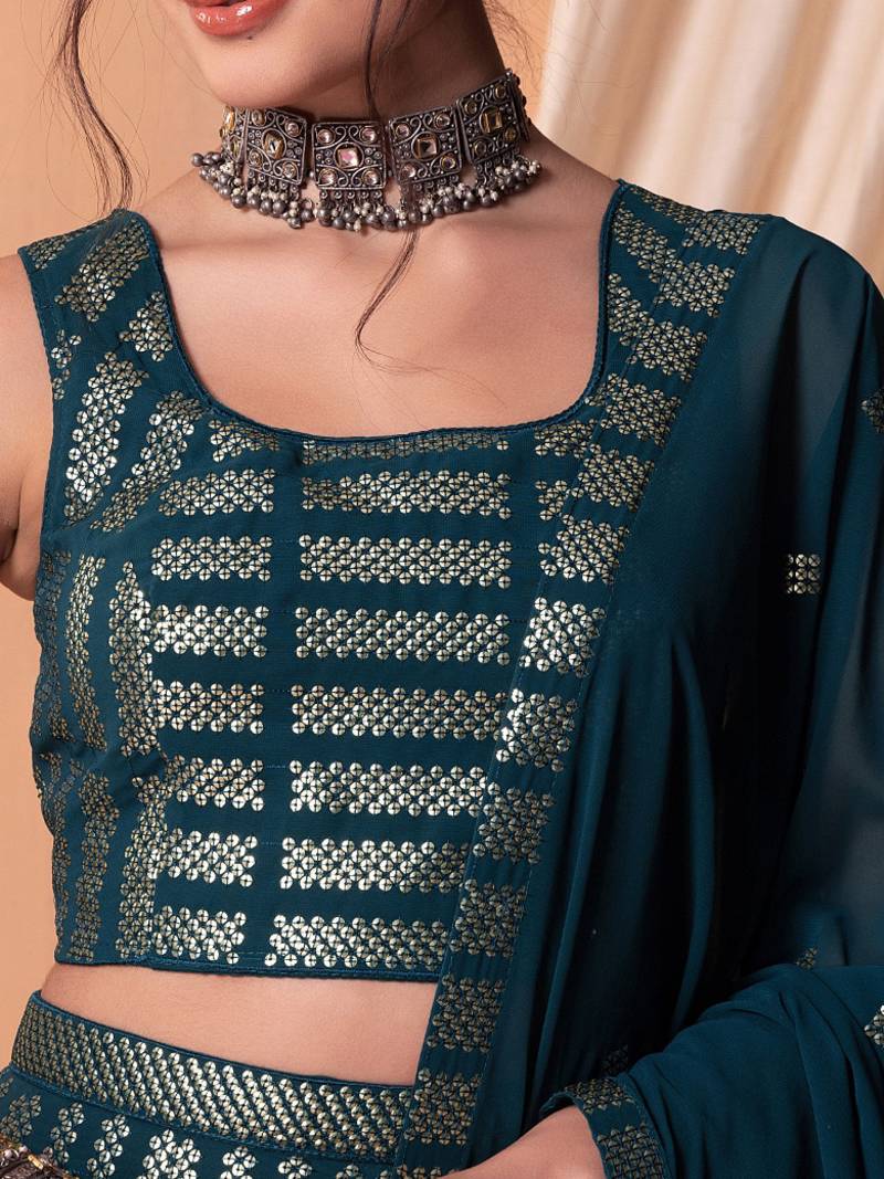 Memorable Teal Blue Embroidered Georgette Wedding Lehenga Choli