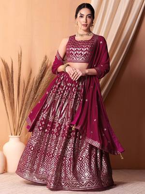 Stunning Dark Pink Sequins Georgette Lehenga Choli With Dupatta 1
