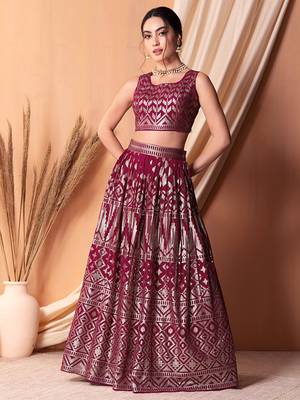 Stunning Dark Pink Sequins Georgette Lehenga Choli With Dupatta 3