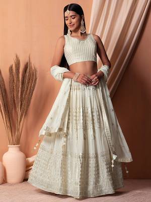 White Georgette Sequins Semi-Stitched Wedding Lehenga Choli  1