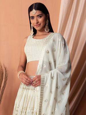 White Georgette Sequins Semi-Stitched Wedding Lehenga Choli  2