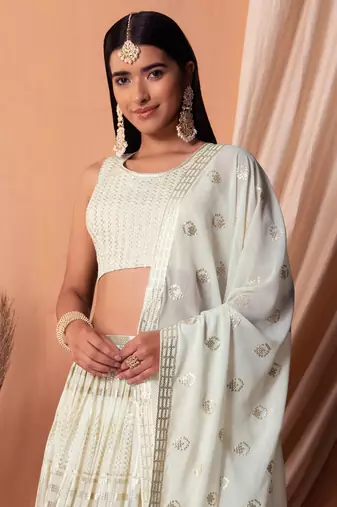 White Georgette Sequins Semi-Stitched Wedding Lehenga Choli 