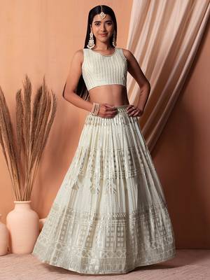 White Georgette Sequins Semi-Stitched Wedding Lehenga Choli  3