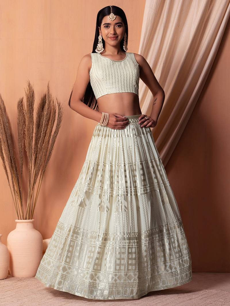 White Georgette Sequins Semi-Stitched Wedding Lehenga Choli 