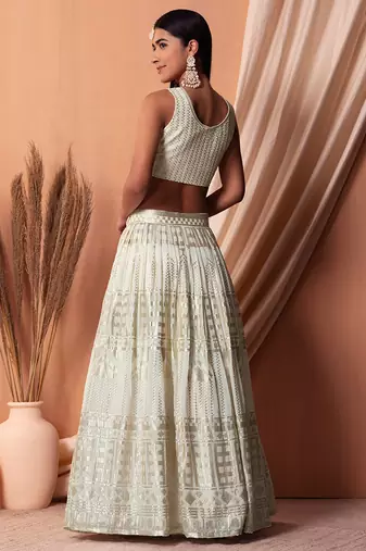 White Georgette Sequins Semi-Stitched Wedding Lehenga Choli 