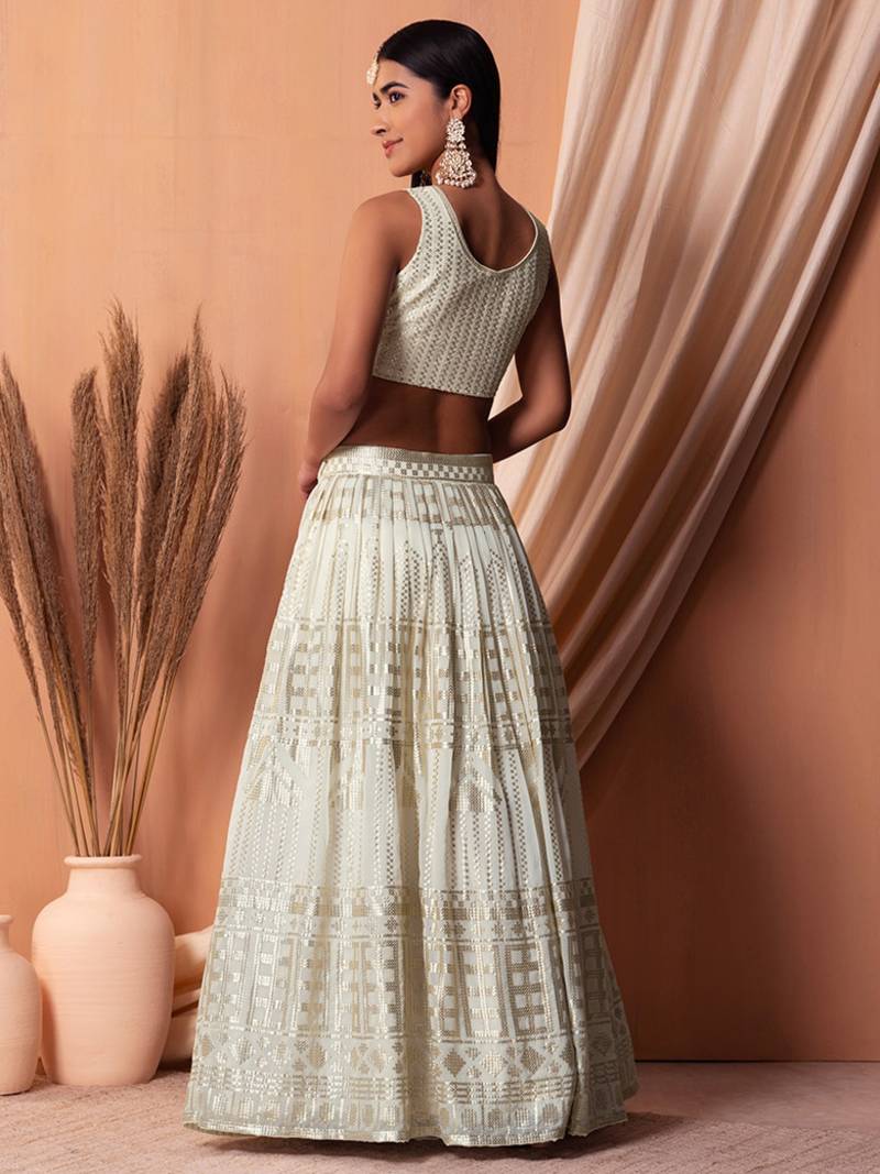 White Georgette Sequins Semi-Stitched Wedding Lehenga Choli 