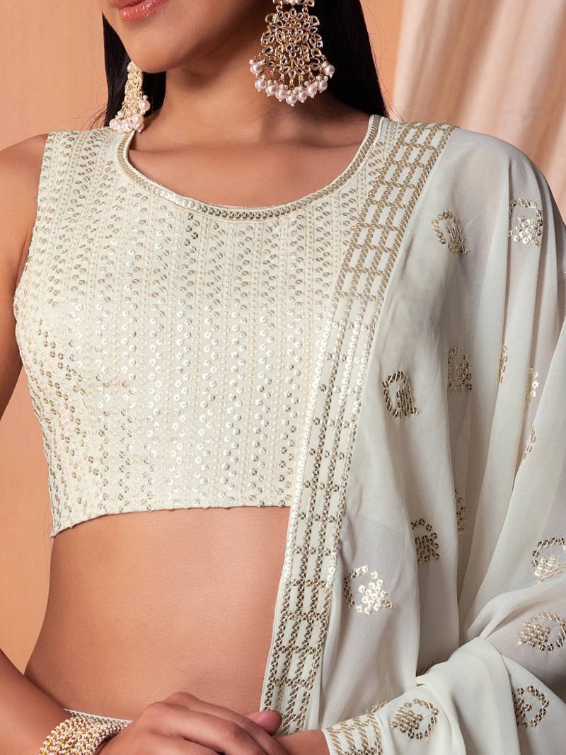 White Georgette Sequins Semi-Stitched Wedding Lehenga Choli 