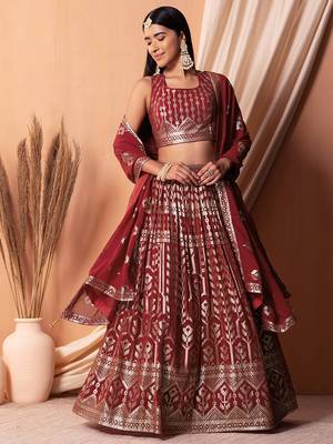  maroon sequins georgette lehenga set choli with dupatta with dupatta 1