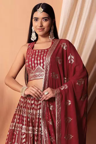  maroon sequins georgette lehenga set choli with dupatta with dupatta