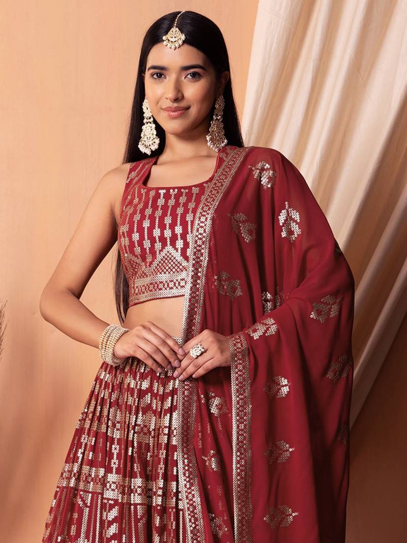Lovely Maroon Sequins Georgette Sangeet Wear Lehenga Choli With Dupatta