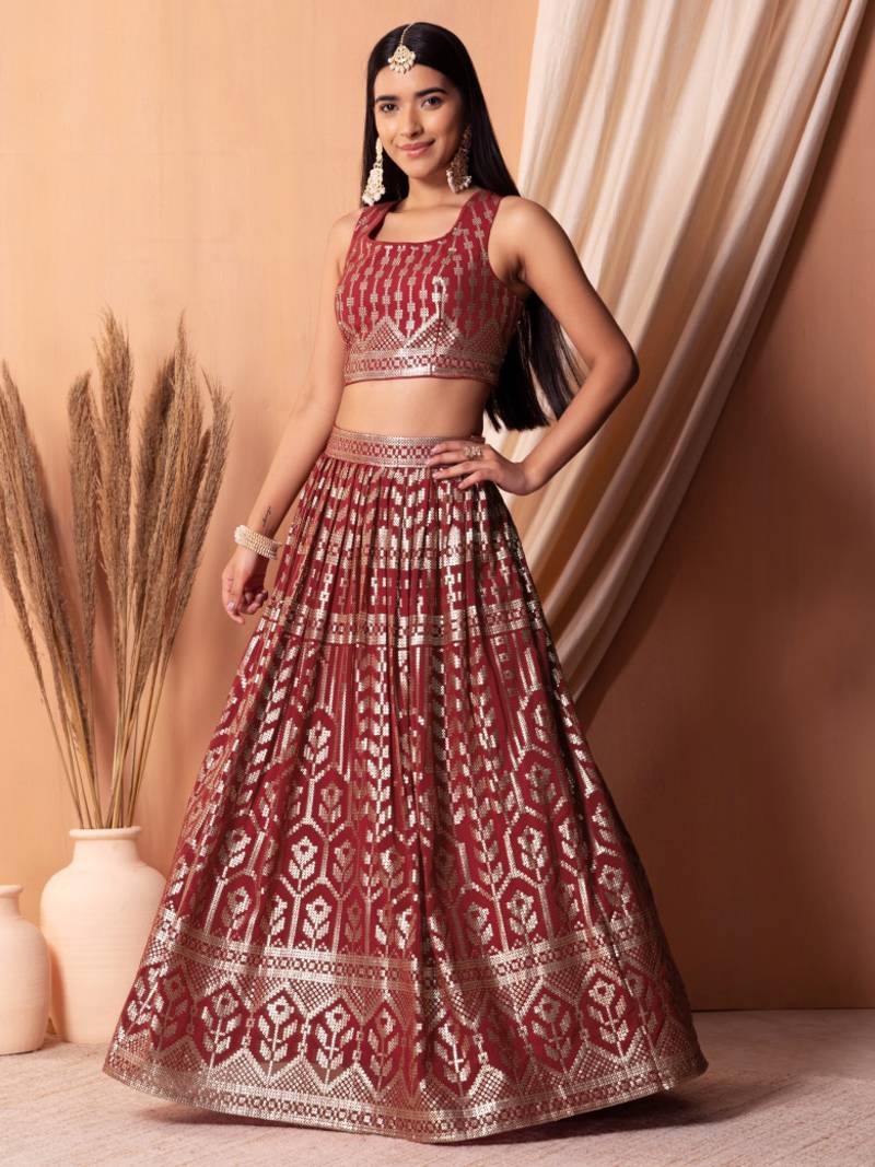 Lovely Maroon Sequins Georgette Sangeet Wear Lehenga Choli With Dupatta