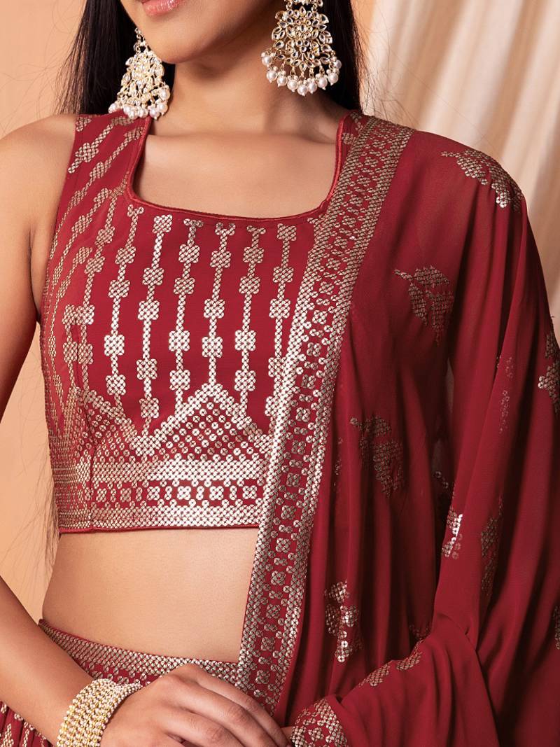 Lovely Maroon Sequins Georgette Sangeet Wear Lehenga Choli With Dupatta