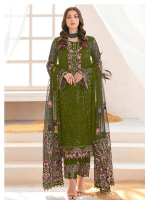 Oliv green pakistani suite with embroidery work 1