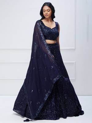navy blue georgette sequin embroidered lehenga set choli with dupatta 2