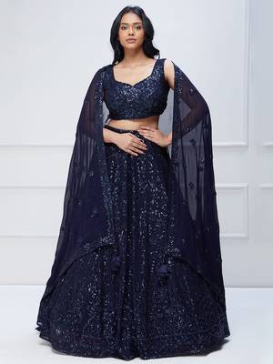 navy blue georgette sequin embroidered lehenga set choli with dupatta 1
