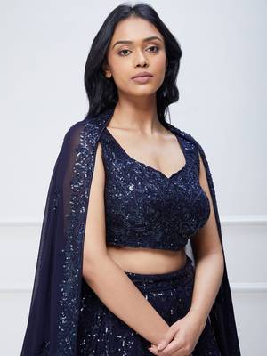navy blue georgette sequin embroidered lehenga set choli with dupatta 3
