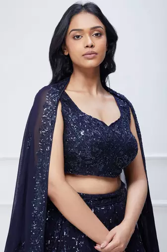 navy blue georgette sequin embroidered lehenga set choli with dupatta