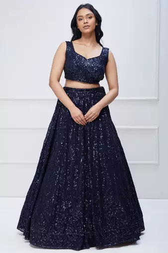 navy blue georgette sequin embroidered lehenga set choli with dupatta