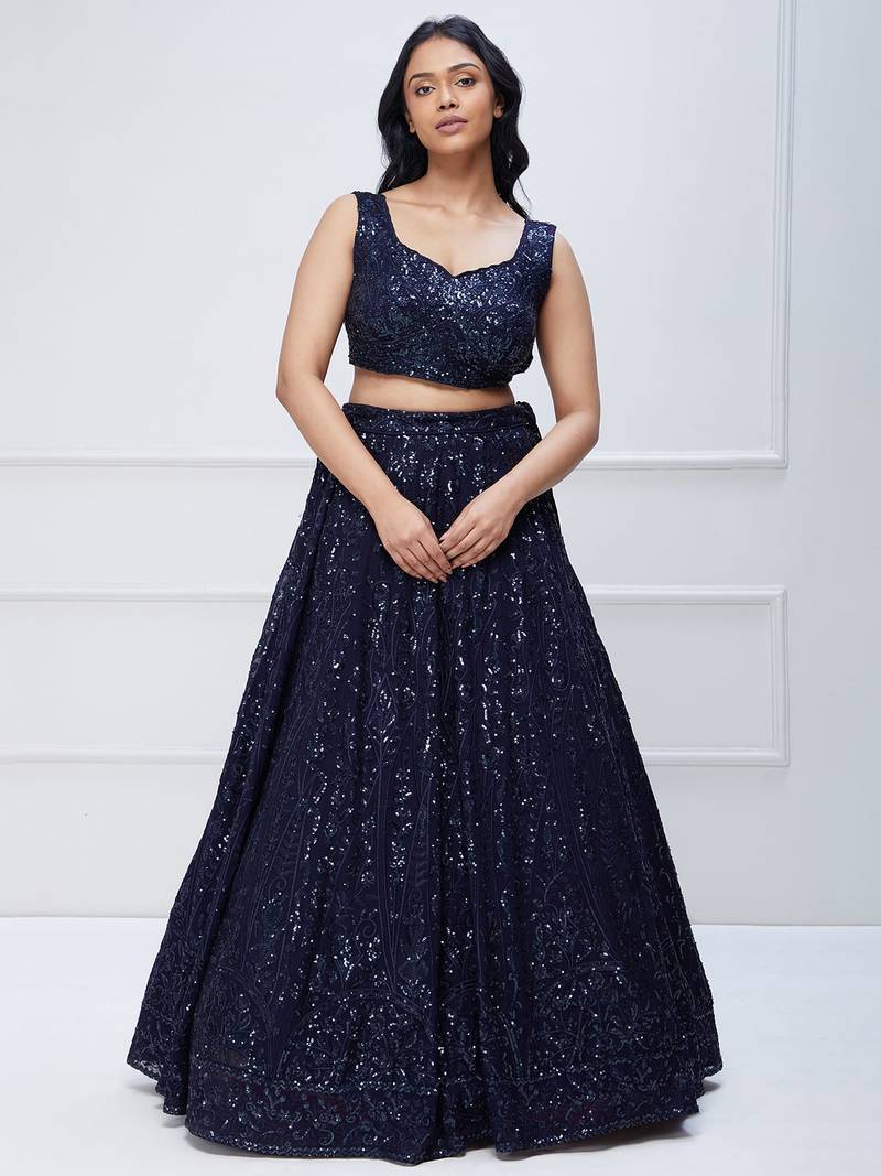 Navy Blue Georgette Sequin Embroidered Lehenga Choli