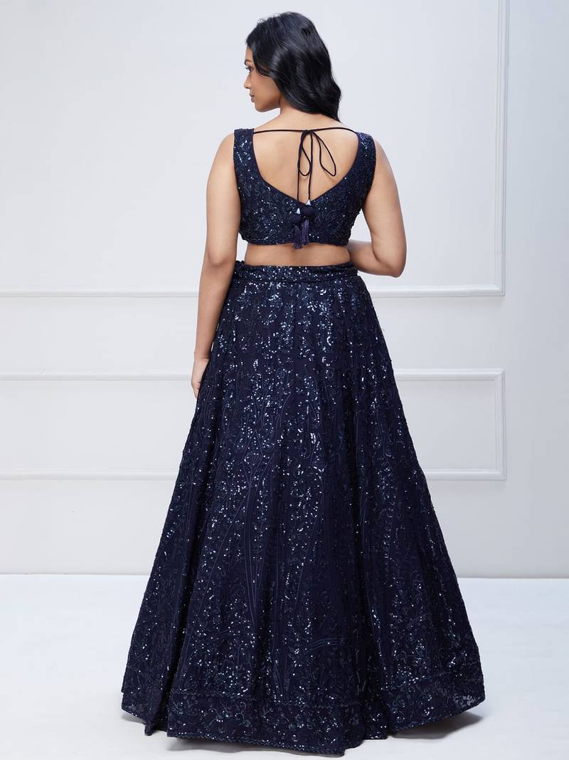 Navy Blue Georgette Sequin Embroidered Lehenga Choli
