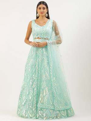 sky blue sequins net lehenga set choli with dupatta with dupatta 1