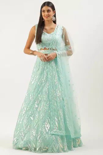 sky blue sequins net lehenga set choli with dupatta with dupatta