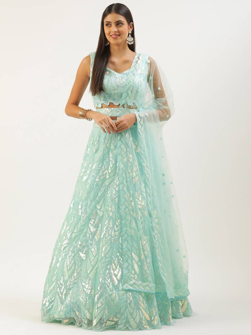 Outstanding Sky Blue Sequins Net Lehenga Choli With Dupatta