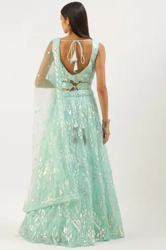 sky blue sequins net lehenga set choli with dupatta with dupatta