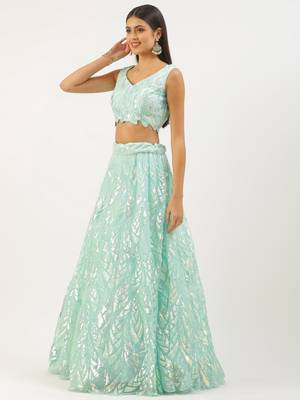 sky blue sequins net lehenga set choli with dupatta with dupatta 4