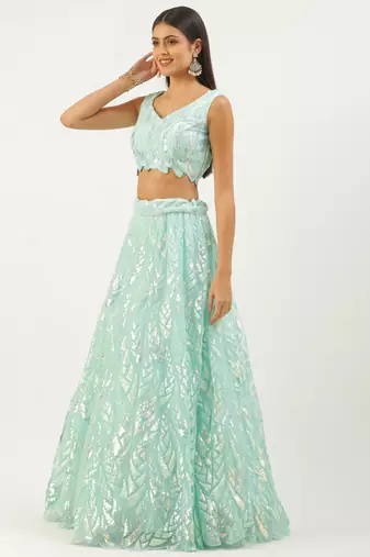 sky blue sequins net lehenga set choli with dupatta with dupatta