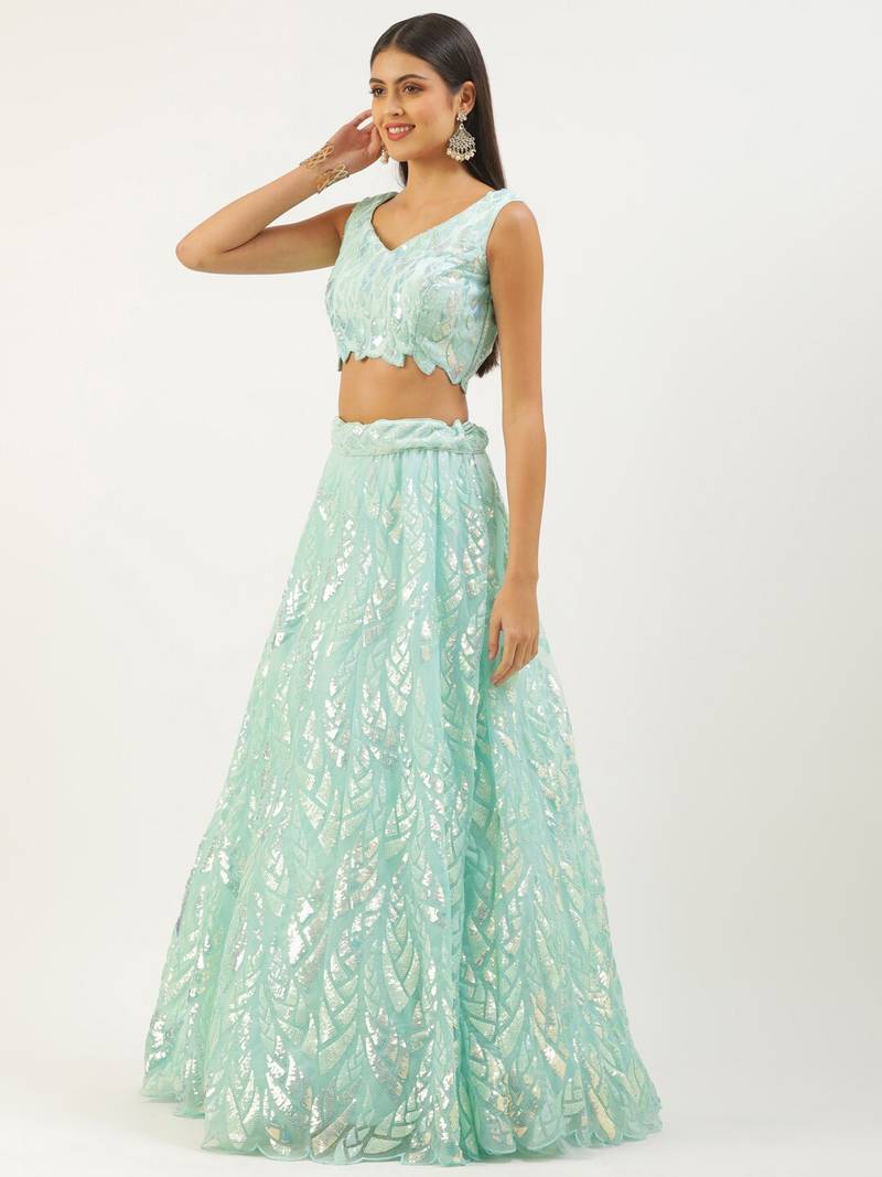 Outstanding Sky Blue Sequins Net Lehenga Choli With Dupatta