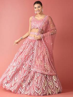 pink sequins net lehenga set choli with dupatta with dupatta 1